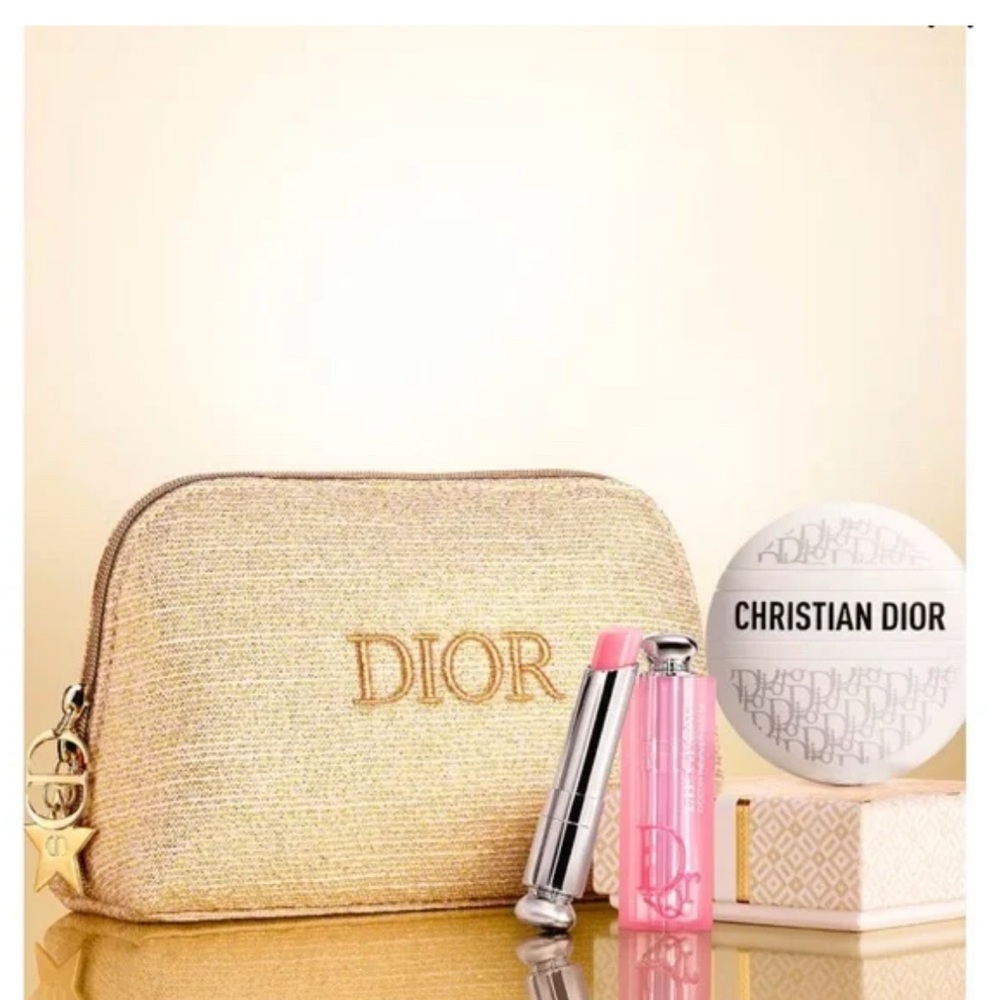 Christian Dior Gold Cosmetic Bag with Pink lip glow and Balm set